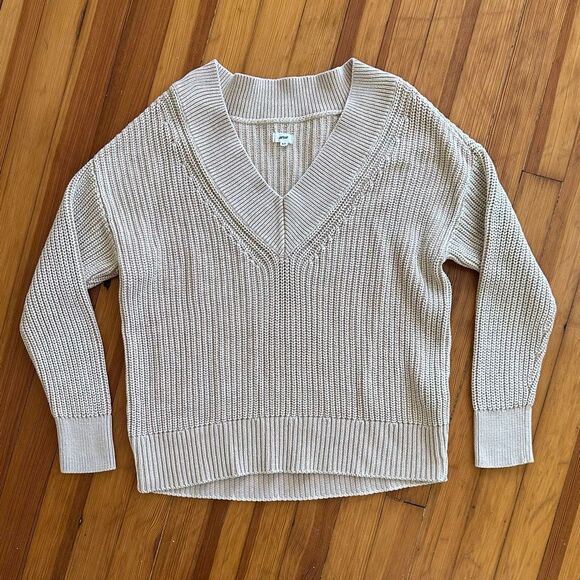 Aerie Rib Knit V-Neck Slouchy Cotton Sweater in Sandalwood Size S - Picture 2 of 5